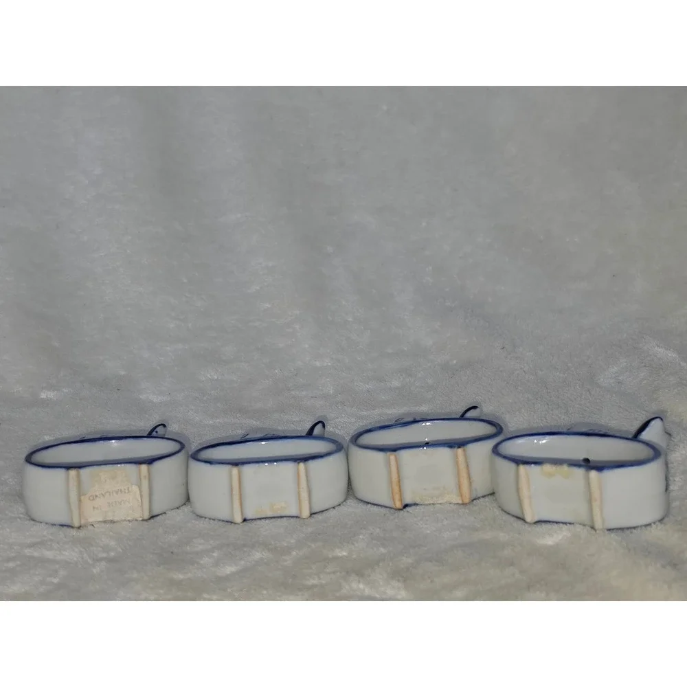 Vintage Blue and White Ceramic Fish Napkin Rings Set of 4 Thailand Coastal Decor